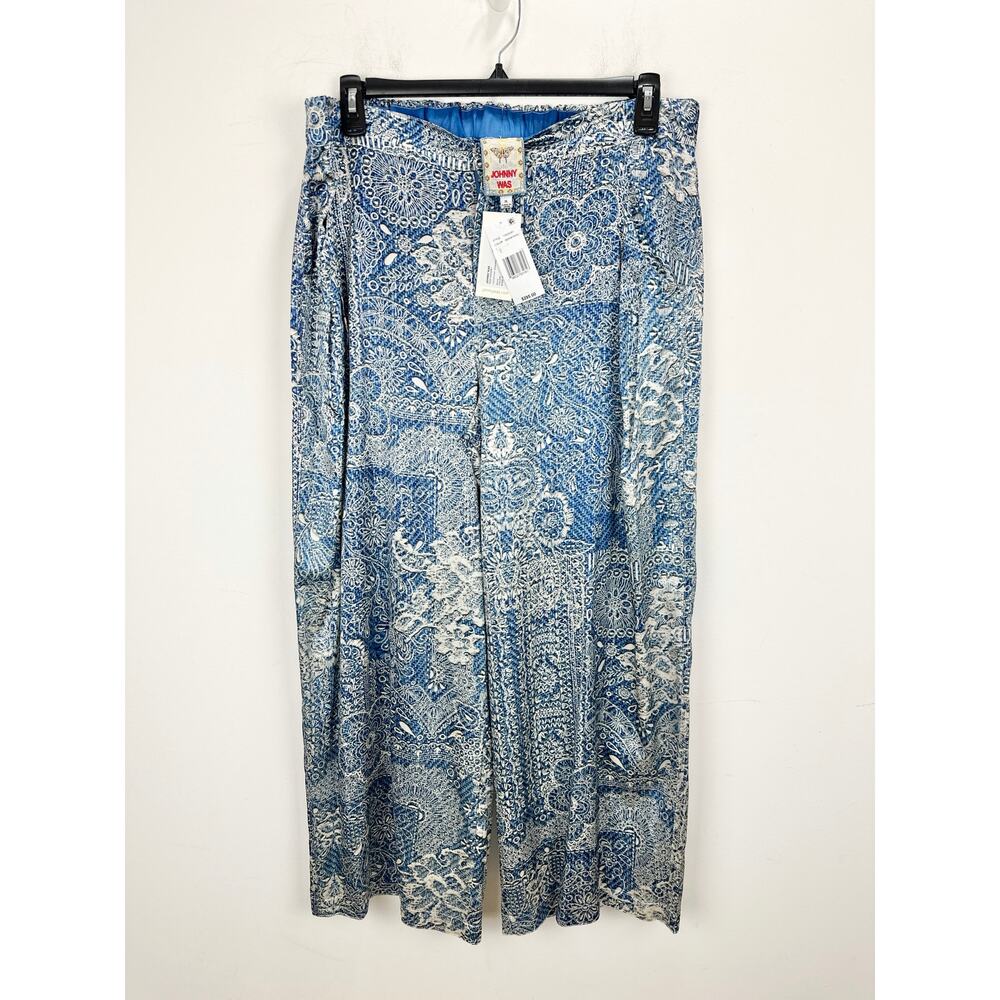 Johnny Was Lauchlen Wide Leg Silk Pants Denim Printed Satin Resort Blue XL NWT - Picture 5 of 12